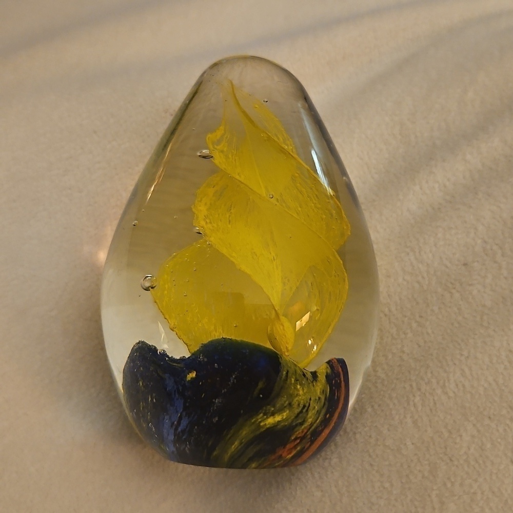 Vintage Yellow Swirl and Blue Art Glass Egg Shape Paperweight Decor - Picture 2 of 6
